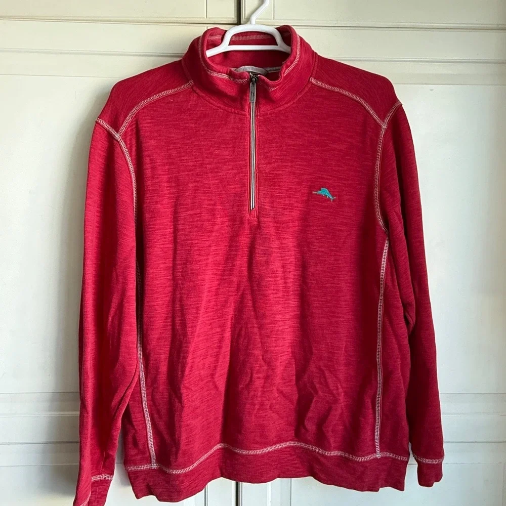 Tommy Bahama Mens XL Red Pima Cotton Tencel Blend Quarter Zip‎ Pullover Sweater
